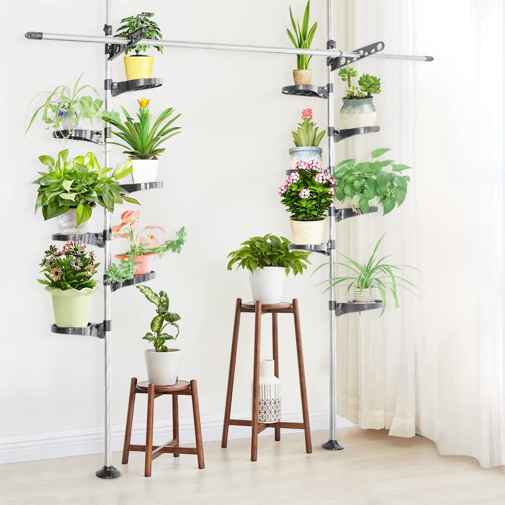 BAOYOUNI Indoor Plant Pole Stand | 12-Tray Floor to Ceiling Tension Rack