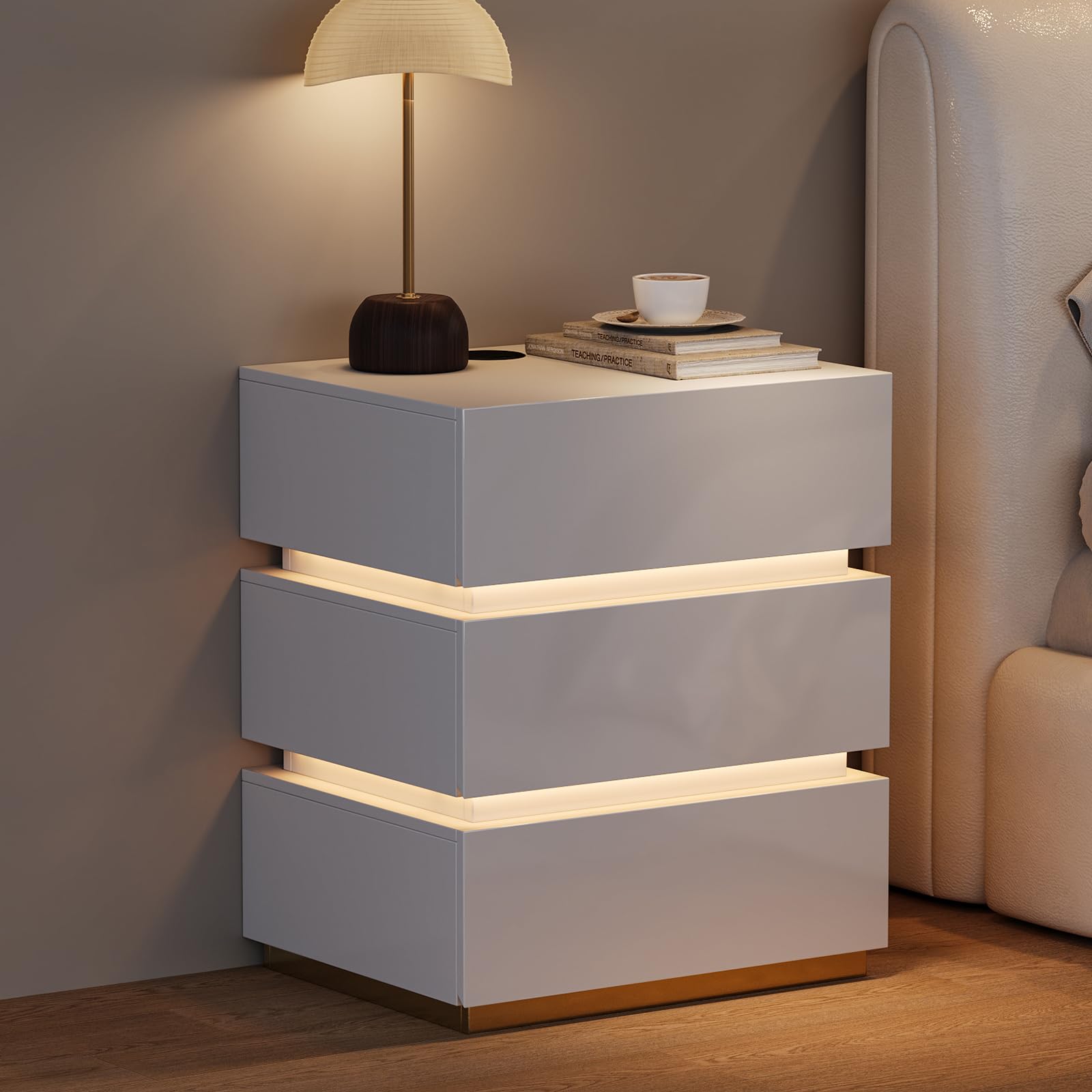 Homary Lumio Smart Nightstand | 3-Drawer LED Bedside Table with Charging