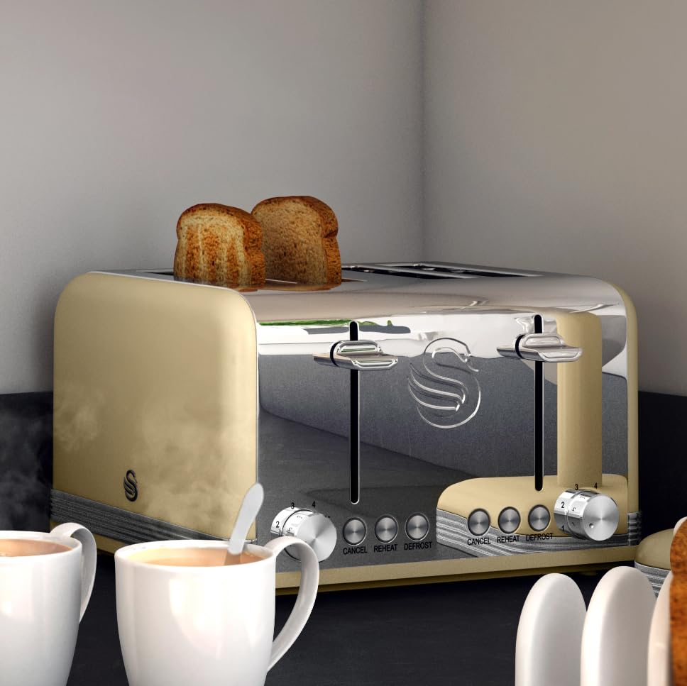 Swan Retro 4-Slice Toaster – 1600W with 6 Browning Levels, Cream