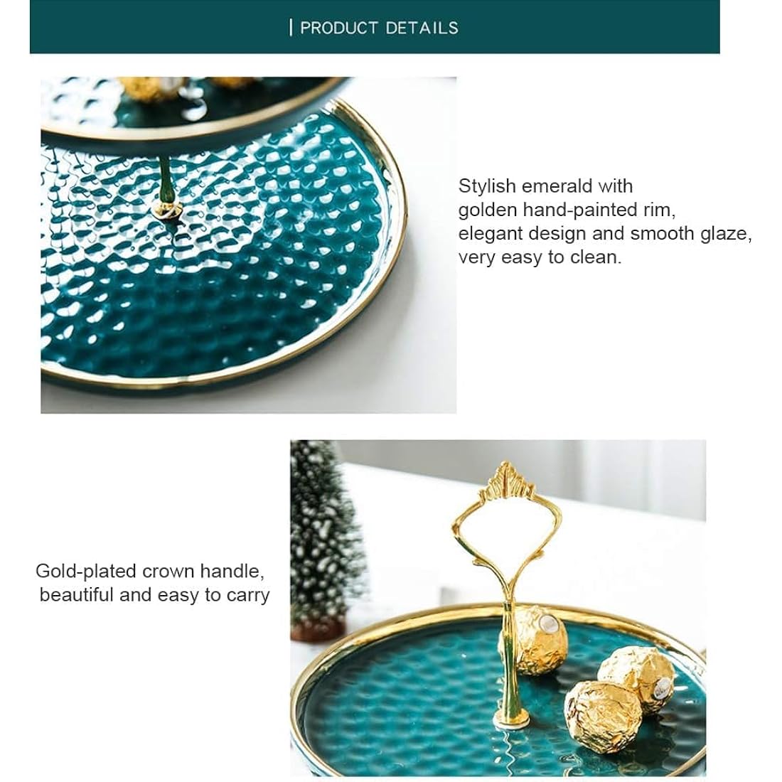 MEETOZ 2-Set Round Porcelain Tiered Cupcake Stand with Gold Rod - Green
