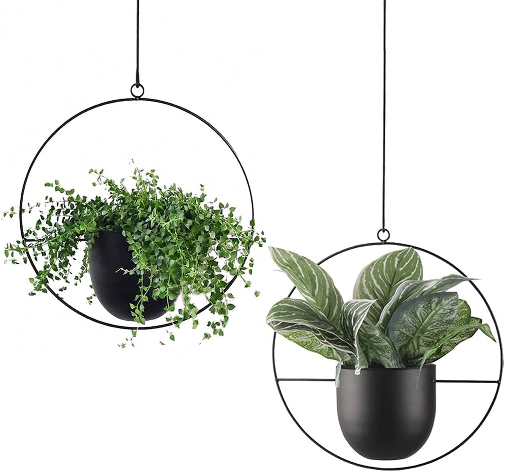 Funtabee Mid-Century Modern Hanging Planter | Black Metal Pots, 2-Pack