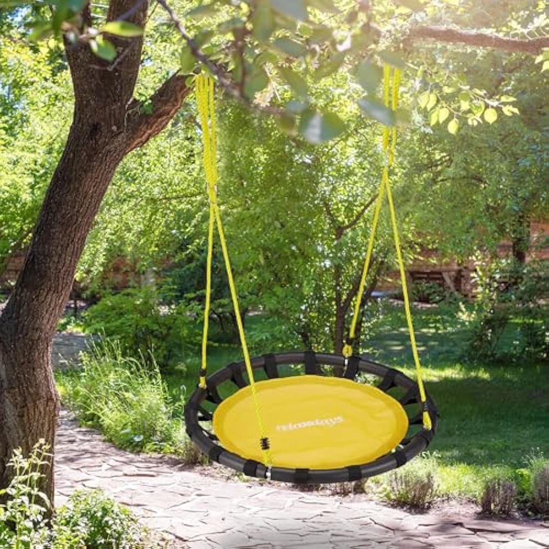 Relaxdays Nest Swing – 80cm Round Hanging Garden Seat, Yellow Steel