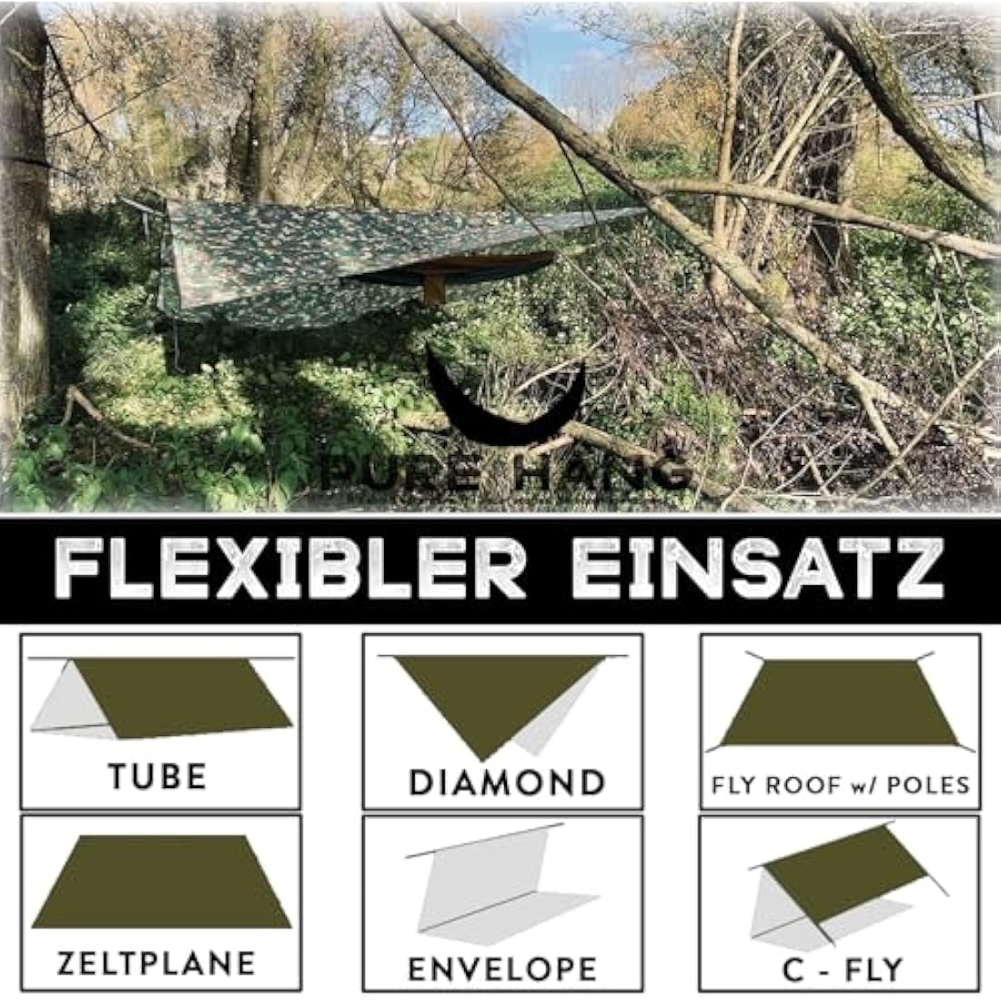 PURE HANG Rain Fly Tent Tarp | 3x3m Waterproof Ripstop Nylon Hammock Shelter