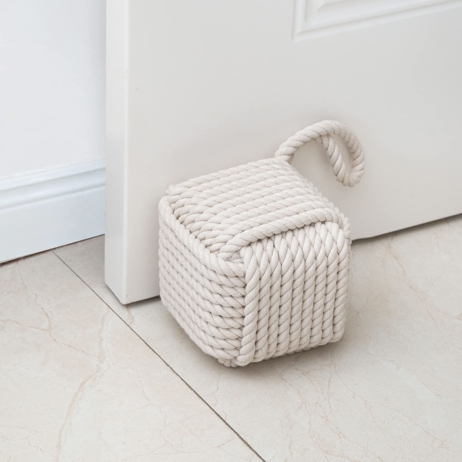 Marwood Nautical Rope Knot Door Stop | Weighted Beige Square Stopper
