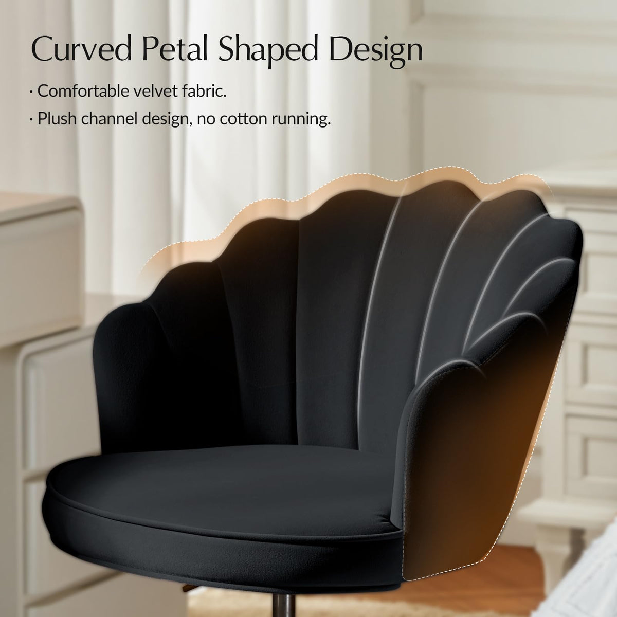 HULALA HOME Swivel Desk Chair with Gold Base and Scalloped Backrest, Black - image 2