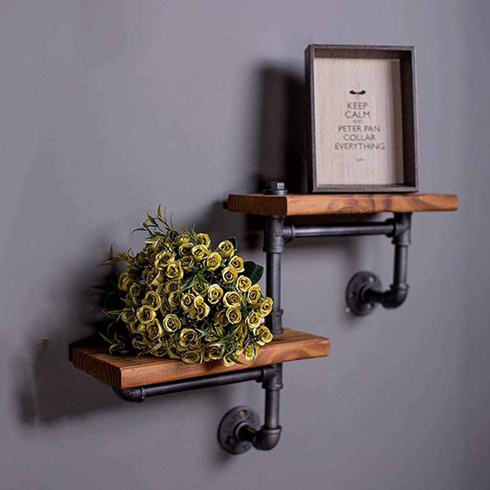 SaiDuoDuo 2-Tier Industrial Pipe Wall Mount Shelves | Rustic Wood Decor