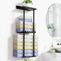 Wall Mounted Towel Rack with Shelf & 6 Hooks - Black