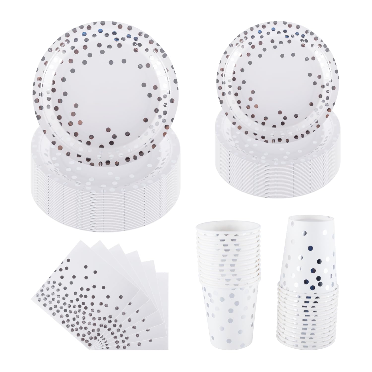CEILIWEN Silver Polka Dot Party Tableware Set - 100pc Disposable Plates & Cups