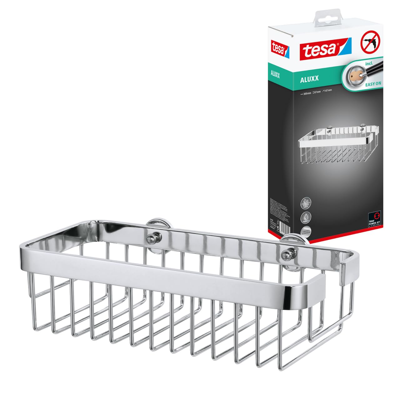 tesa Aluxx Shower Caddy – No-Drill Chrome Wall-Mounted Bathroom Basket