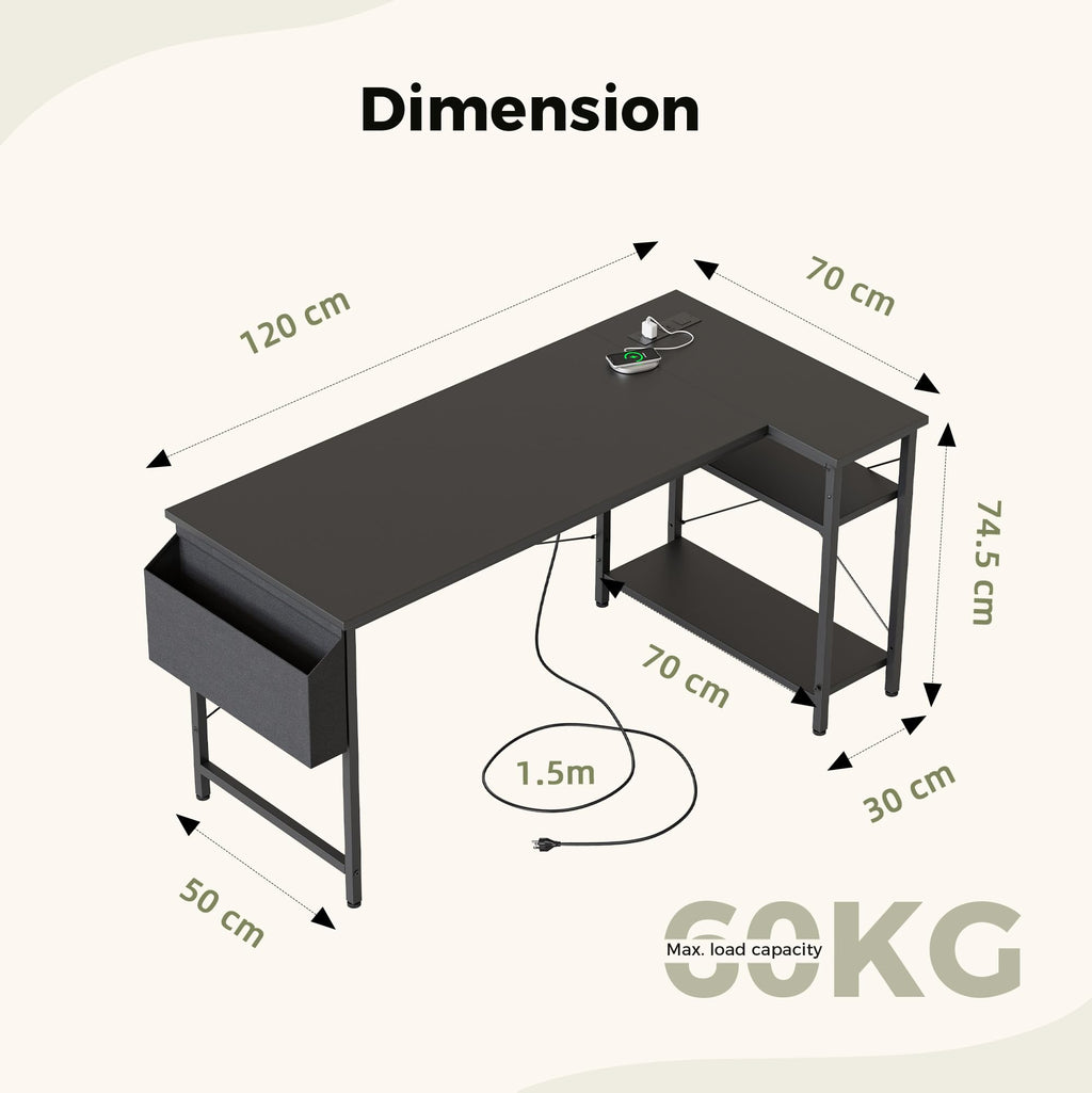 Mericonia Reversible Corner Desk, w. Power Outlets, 120x70cm, Black - image 3