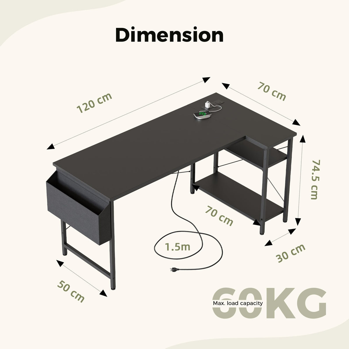 Mericonia Reversible Corner Desk, w. Power Outlets, 120x70cm, Black - image 3