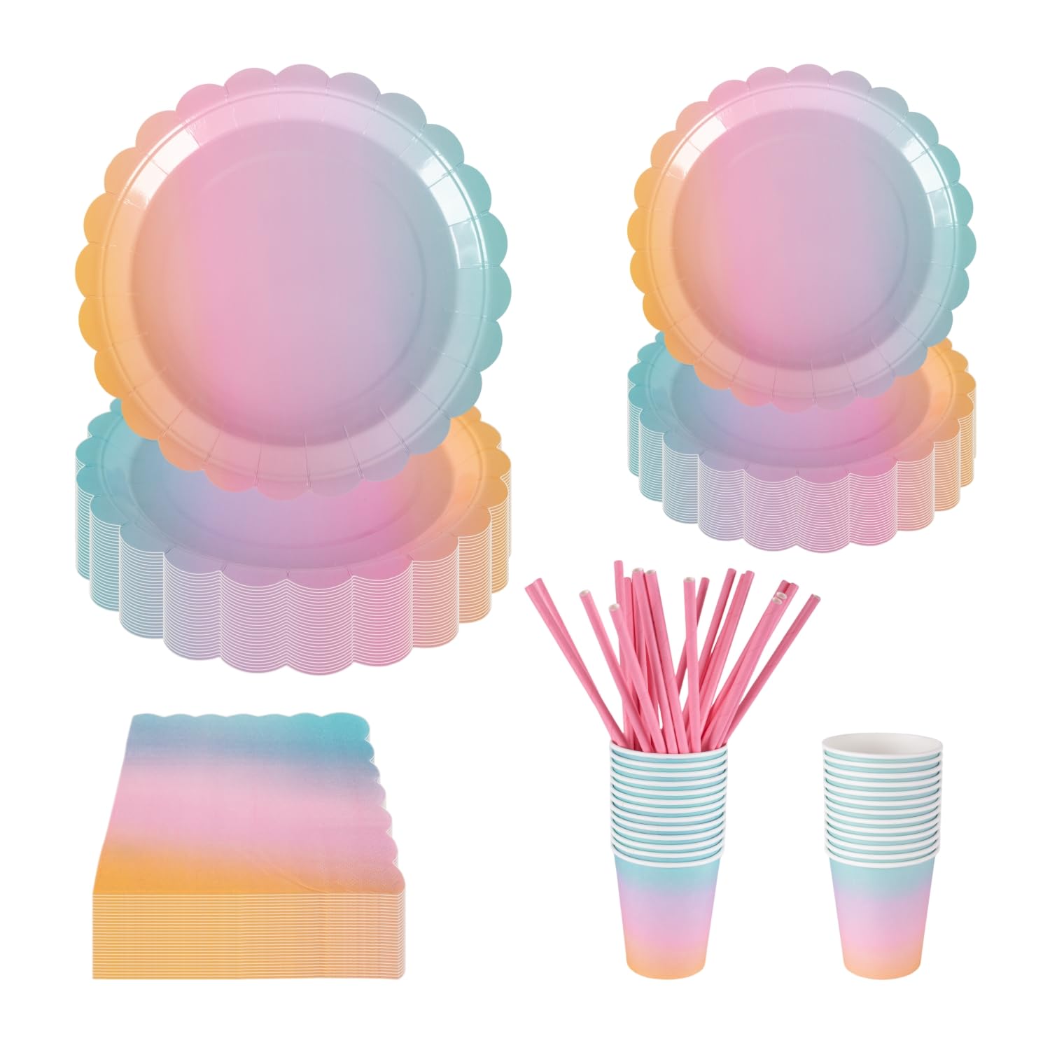 Rainbow Party Tableware Set | 125PCS Flower Shape Dinnerware