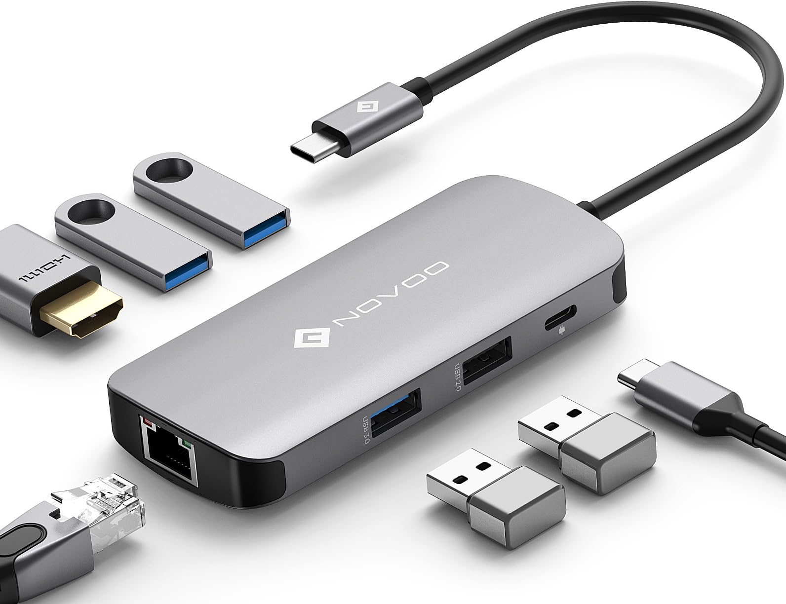 NOVOO 7-in-1 USB C Hub – 4K@60Hz HDMI, 1Gbps Ethernet & 100W PD Dock