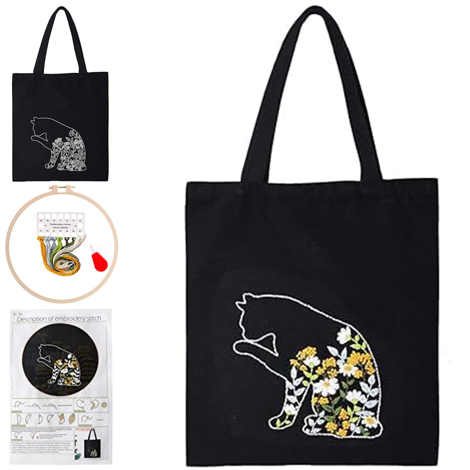 Smart-Feather Cat Embroidery Kit for Beginners - DIY Canvas Tote Bag Set