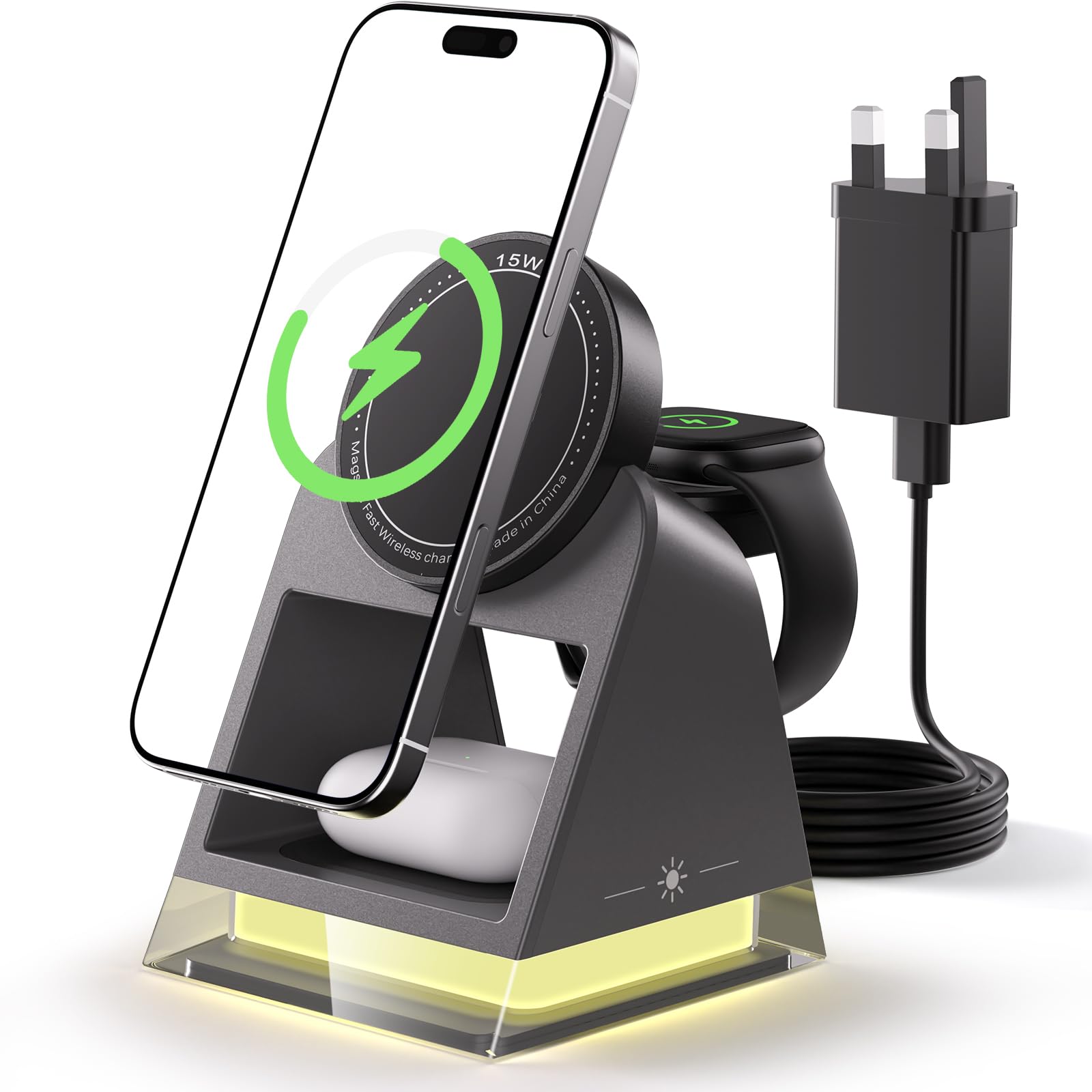 4-in-1 Wireless Charging Station with Night Light - 15W