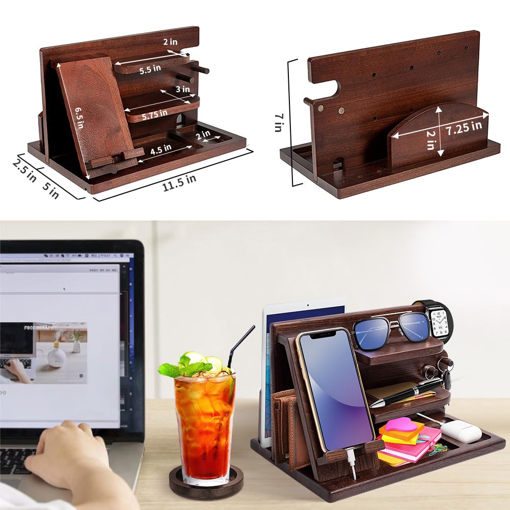 AliveByte Men's Bedside Organiser - Wooden Phone Docking Station & Table Organiser - Brown - 3 Levels - Easy Assembly - Gift for Him - image 2
