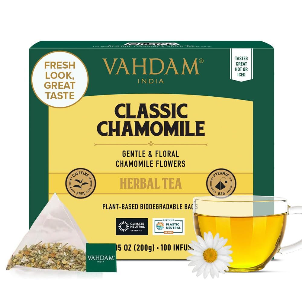 VAHDAM Chamomile Herbal Tea – 100 Pyramid Tea Bags | Caffeine Free Tisane