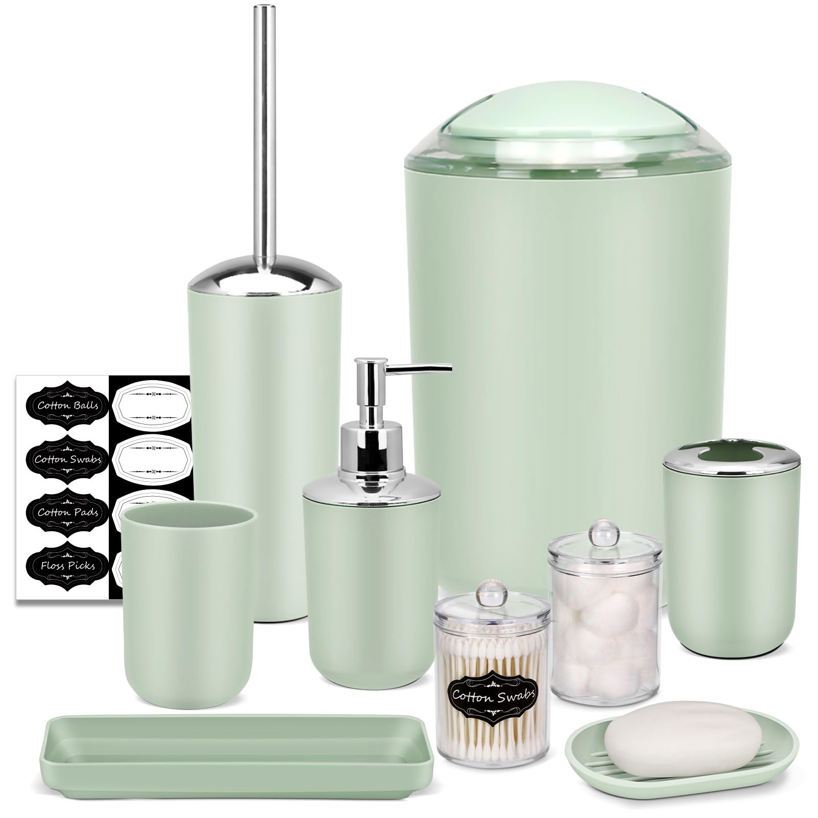 IMAVO 8-Piece Bathroom Accessory Set with Trash Can - Green Plastic Decor