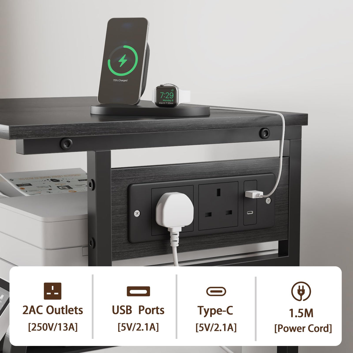 OYRREU 3-Tier Rolling Printer Stand with Outlets for Home, Office, Black - image 2