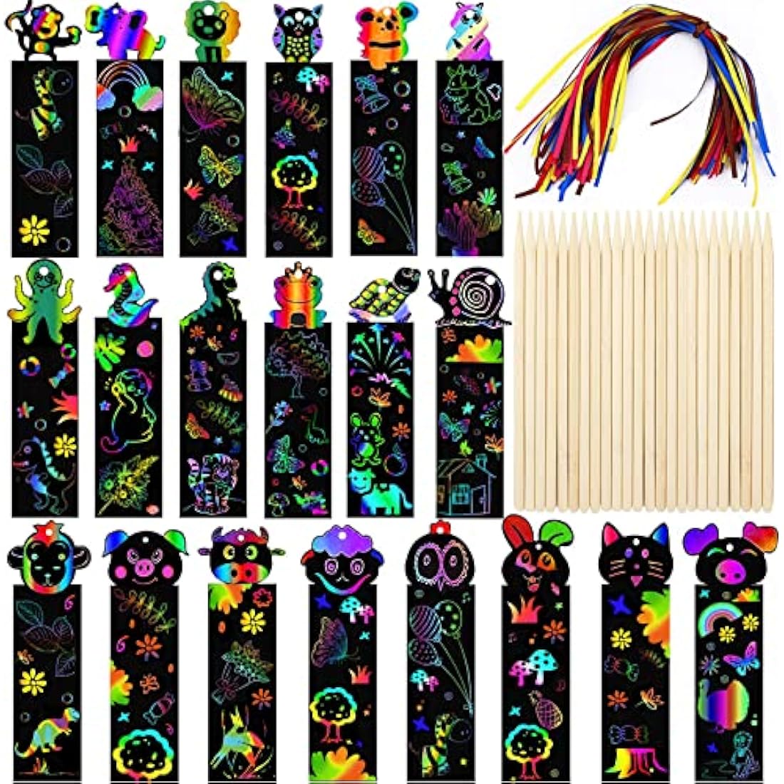 Jolof Store Scratch Art for Kids – 48 Pcs Animal Rainbow Bookmarks DIY Kit
