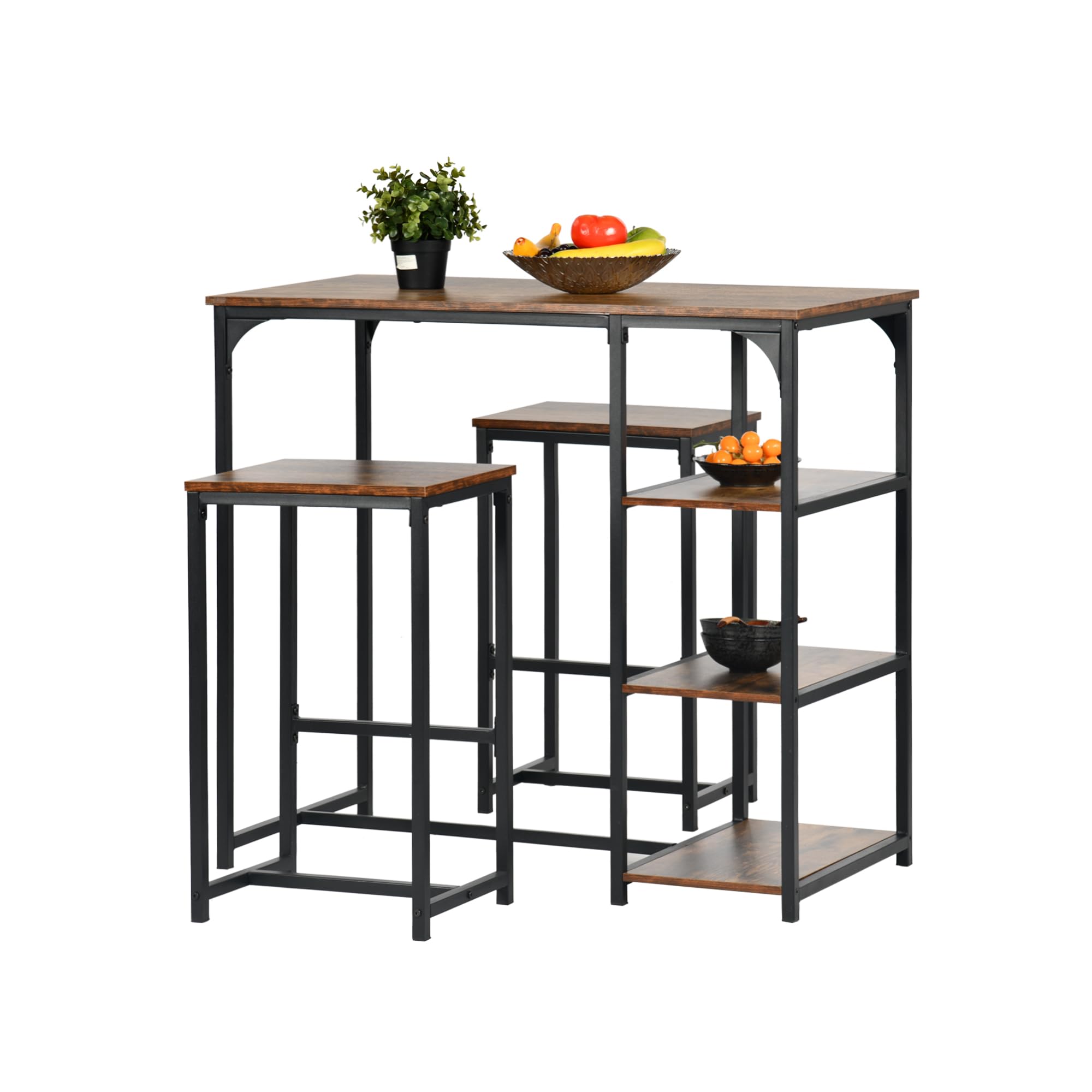 FurnitureR 3-Piece Industrial Bar Table Set with 2 Stools & Storage