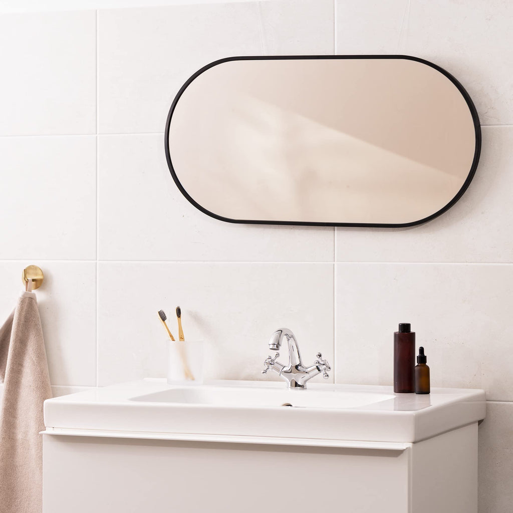 Navaris Oval Wall Mirror – Black Rustproof Aluminium Frame – 75x38cm