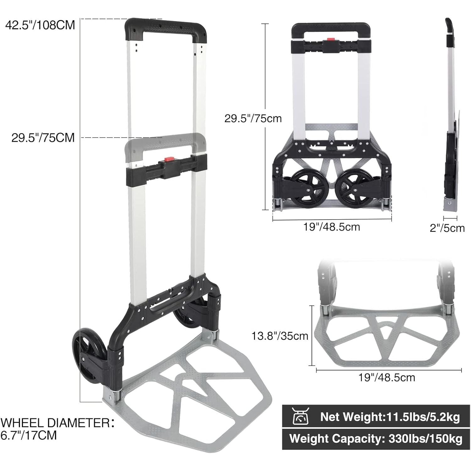 REDCAMP Heavy Duty Folding Hand Truck | 330lbs Capacity Aluminum Dolly