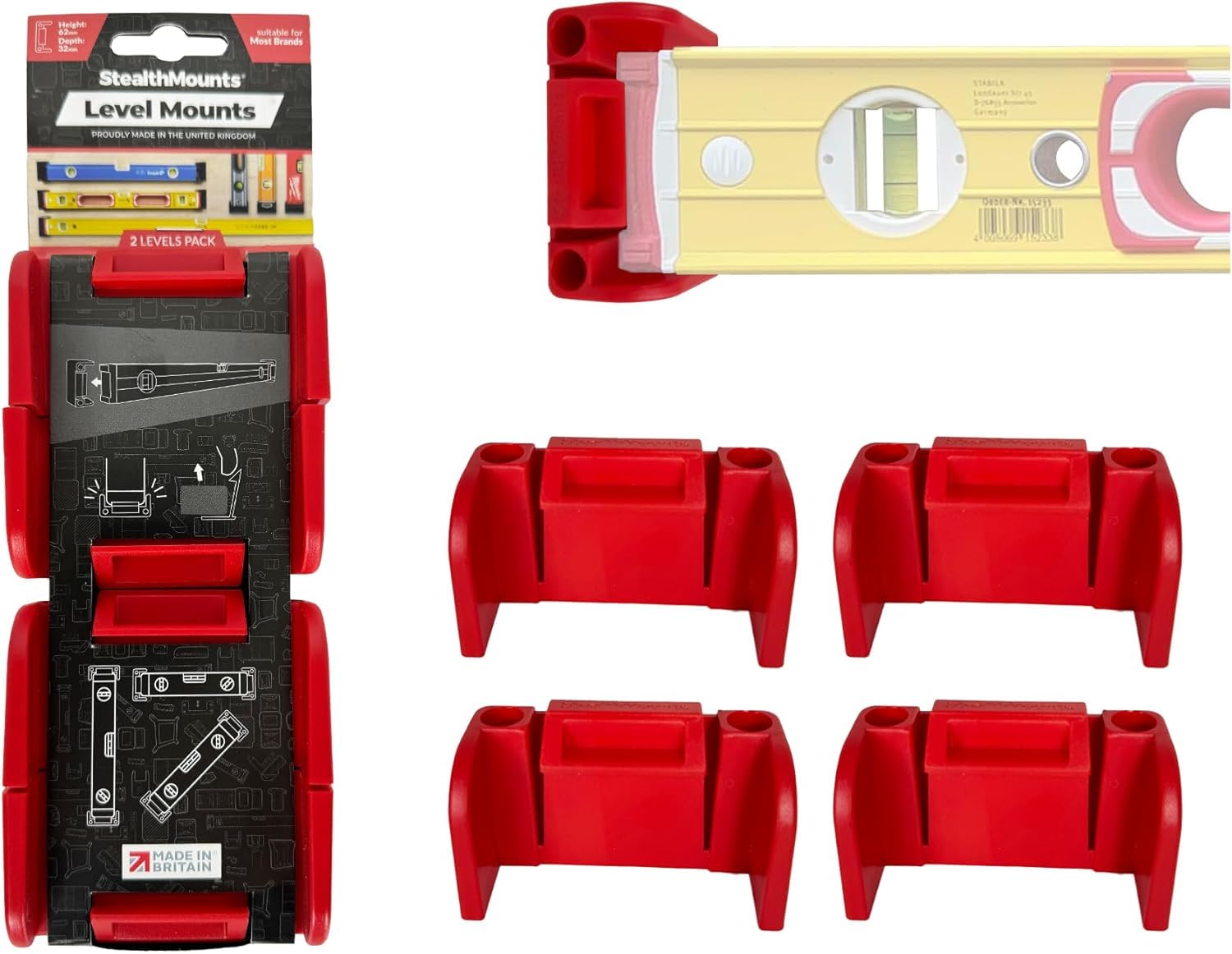 StealthMounts Universal Level Holder – 2 Pack Red Spirit Level Mounts