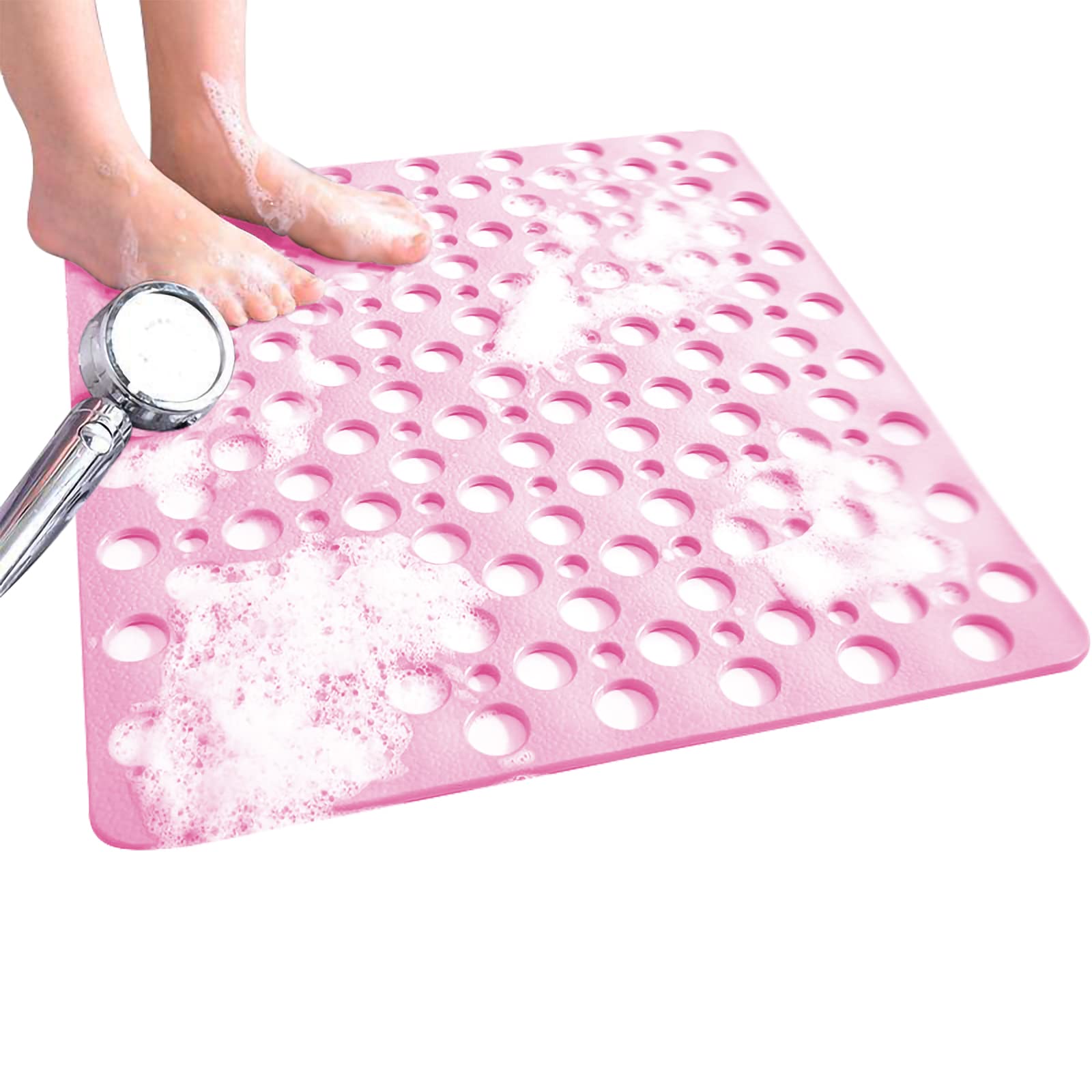 Venuso Non-Slip Square Shower Mat – Anti-Mould TPE Bath Mat with Drain, Pink