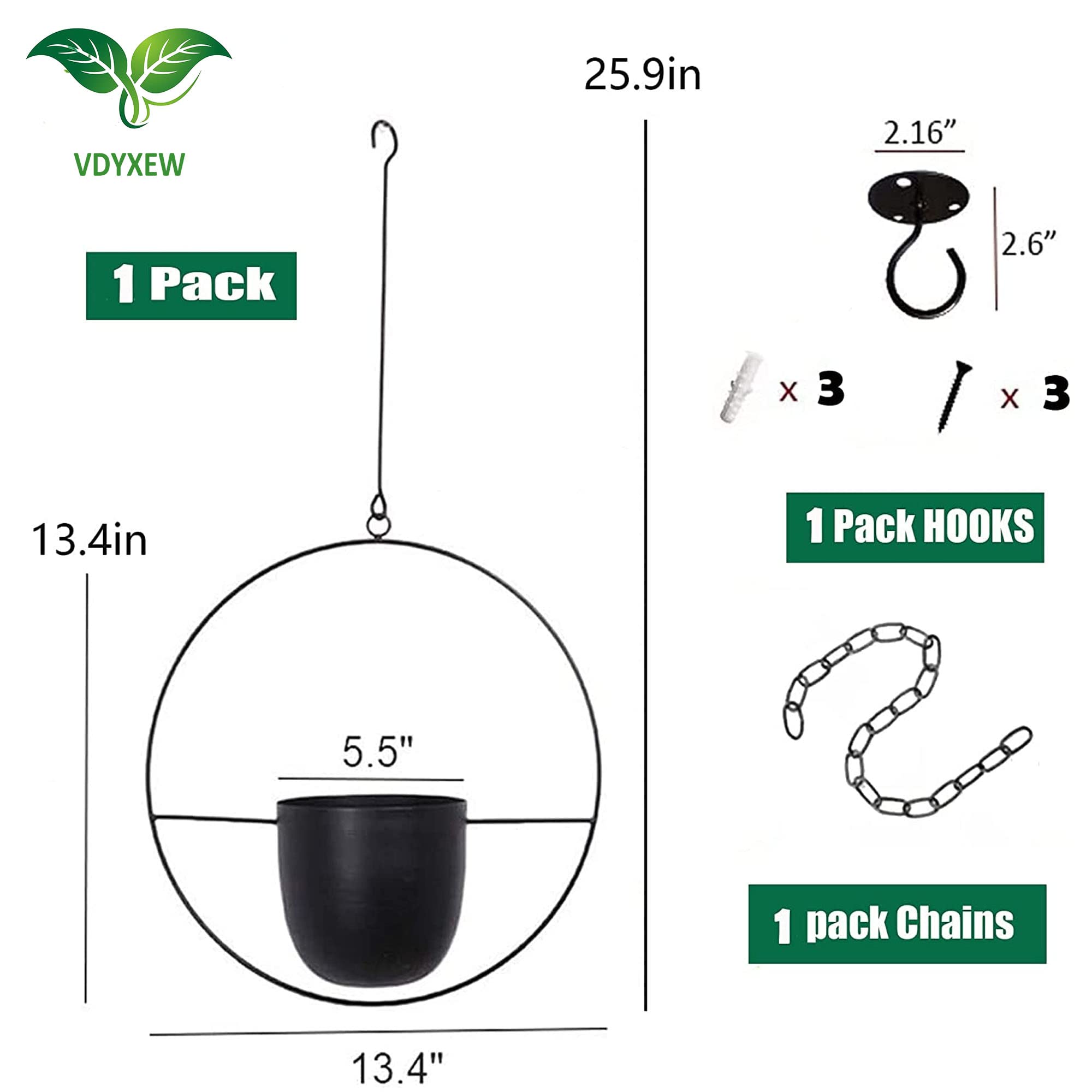 VDYXEW Metal Hanging Flower Pot | Modern Indoor Outdoor Planters, Black, 2-Pack