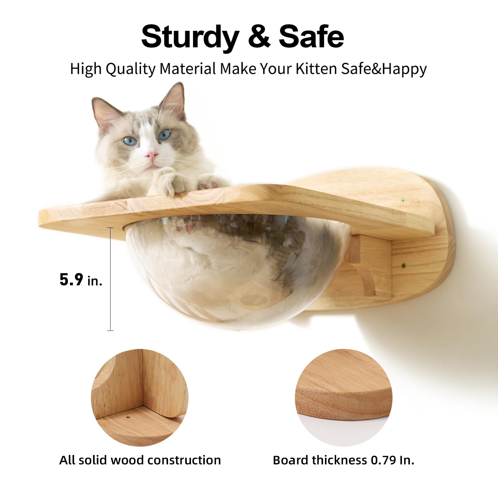 FUKUMARU Cat Wall Furniture Set - Rubber Wood Shelf with Clear Capsule