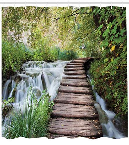 ABAKUHAUS Nature Shower Curtain – Green Jungle Stream Fabric, 175x200cm