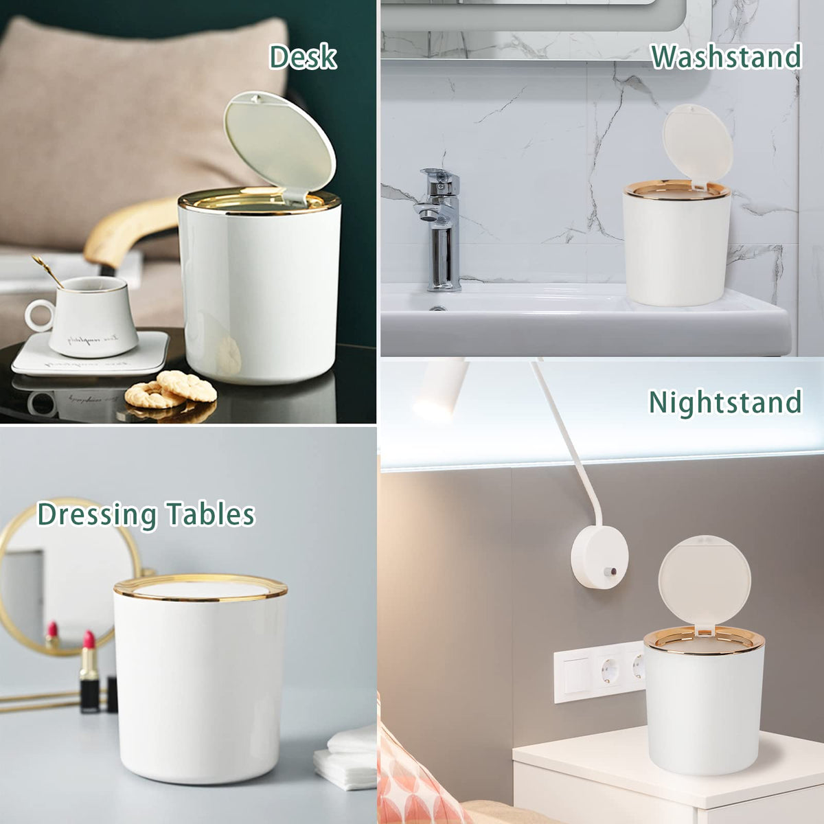 Desk Bin with Lid, Mini Table Trash Can,15 * 14.5cm Portable Small Dustbin for Bathroom Living Room Kitchen Car Dressing Table Black