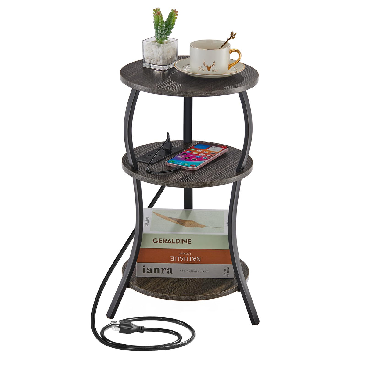 YEAKOO Bedside Table with Charging Station & 4 Sockets, Vintage Round 3-Tier End Table with USB Ports & UK Plugs - image 1