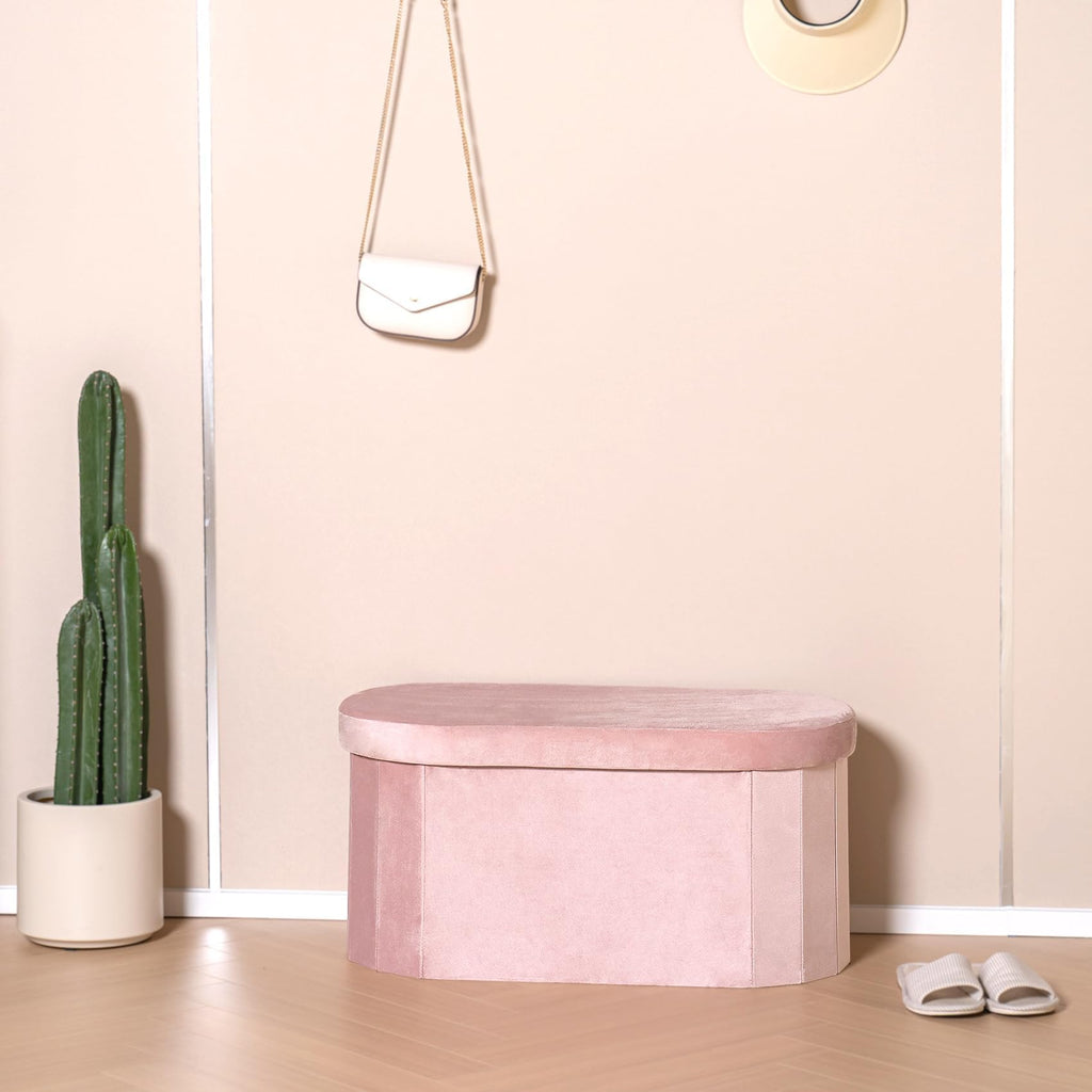 Bonlife Pink Velvet Ottoman Storage Bench | Foldable Oval Toy Box