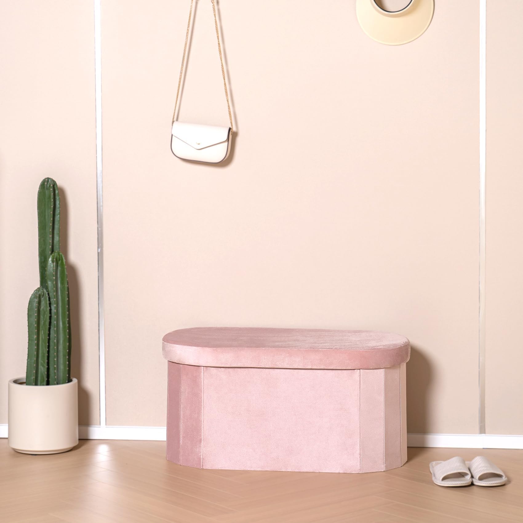 Bonlife Pink Velvet Ottoman Storage Bench | Foldable Oval Toy Box