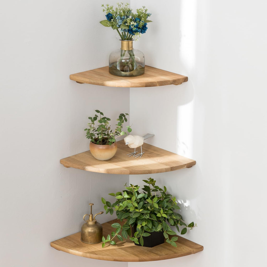 GIEANOO Solid Oak Corner Shelves | Set of 3 Floating Wood Wall Mount