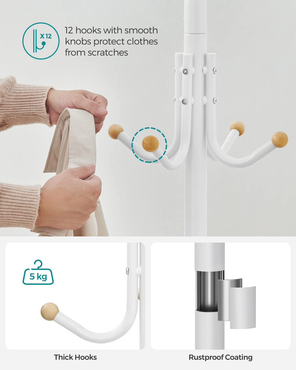 SONGMICS Metal Coat Rack – 12 Hooks & 4 Legs Standing Organizer, White