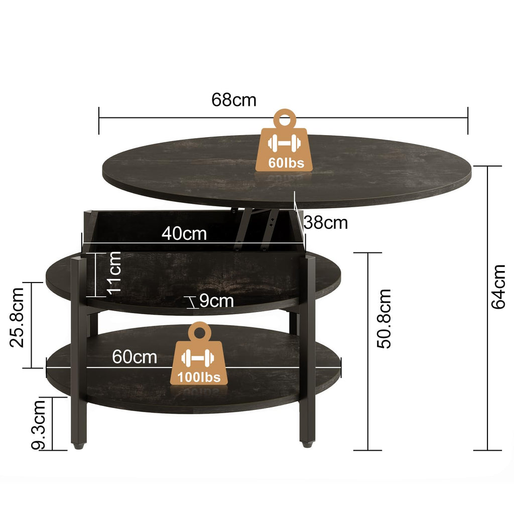 Mossora 68cm Black Oak Round Lift Top Coffee Table with Hidden Storage - image 4