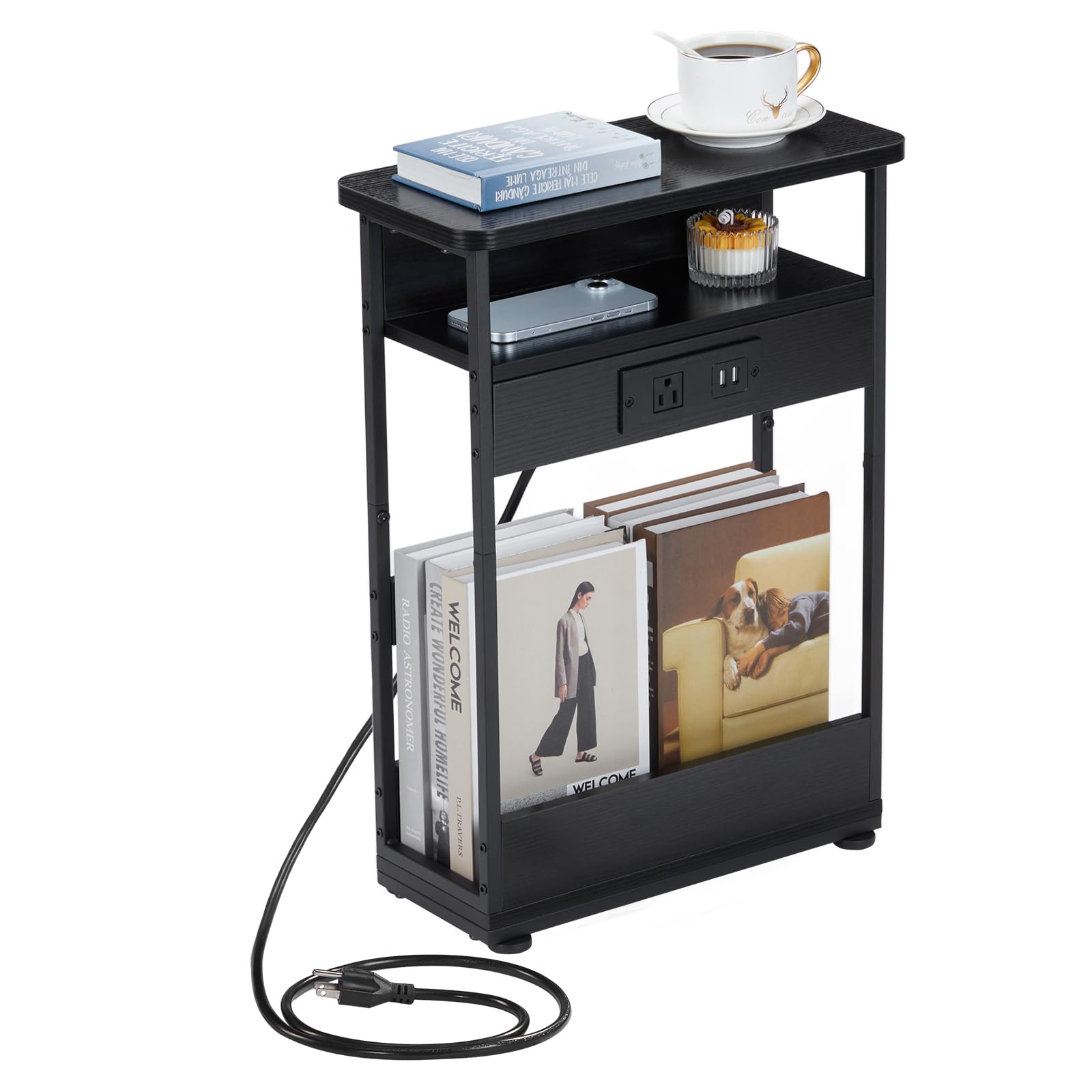 YEAKOO Narrow Side Table with Charging Station | 3-Tier Slim End Table