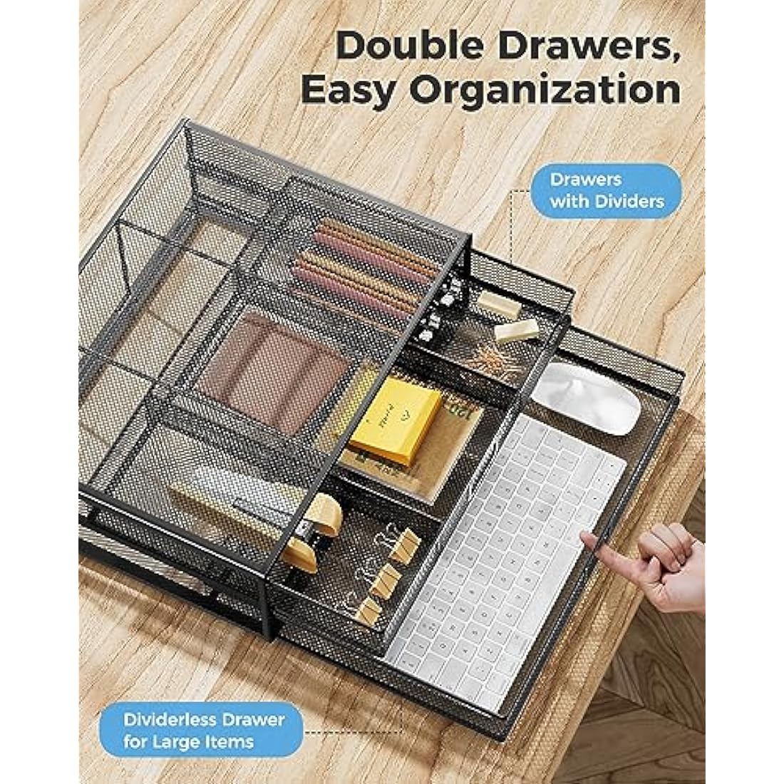 HUANUO Monitor Stand Riser with 2 Storage Drawers | Metal Mesh Desk Organizer