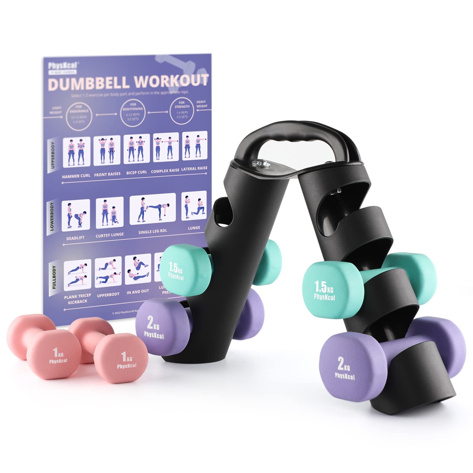 PhysKcal Neoprene Dumbbell Set with Stand | 1kg, 1.5kg, 2kg Hand Weights