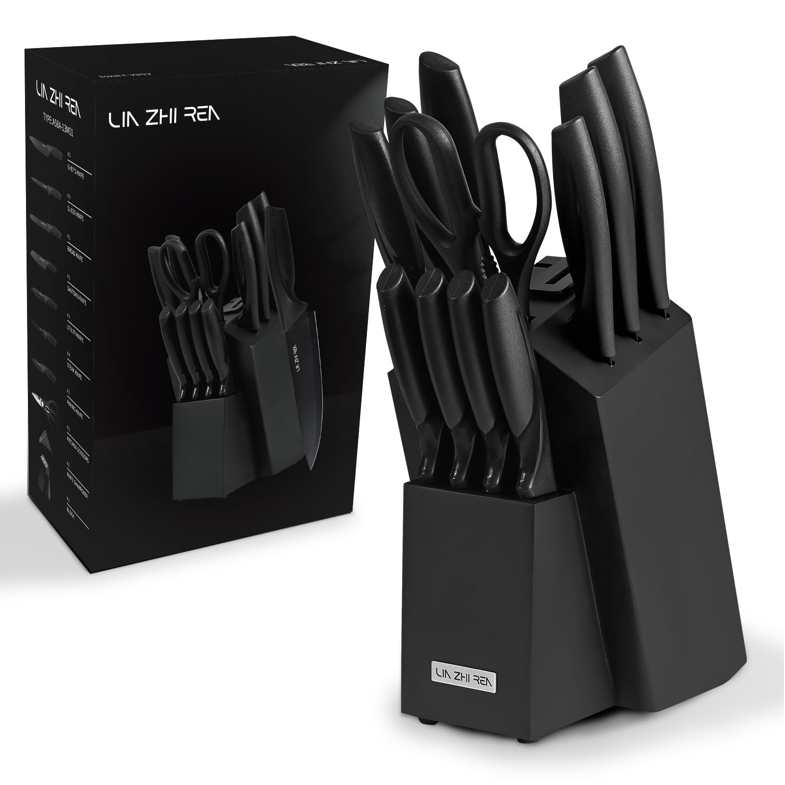 LIN ZHI REN 13 Piece Kitchen Knife Set with Block and Sharpener – Black