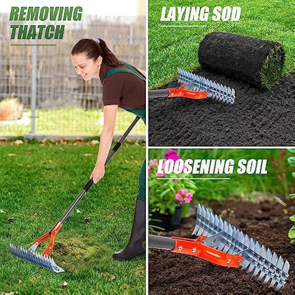 Walensee Thatch Rake | 15-Inch Steel Lawn Dethatcher with Adjustable Handle