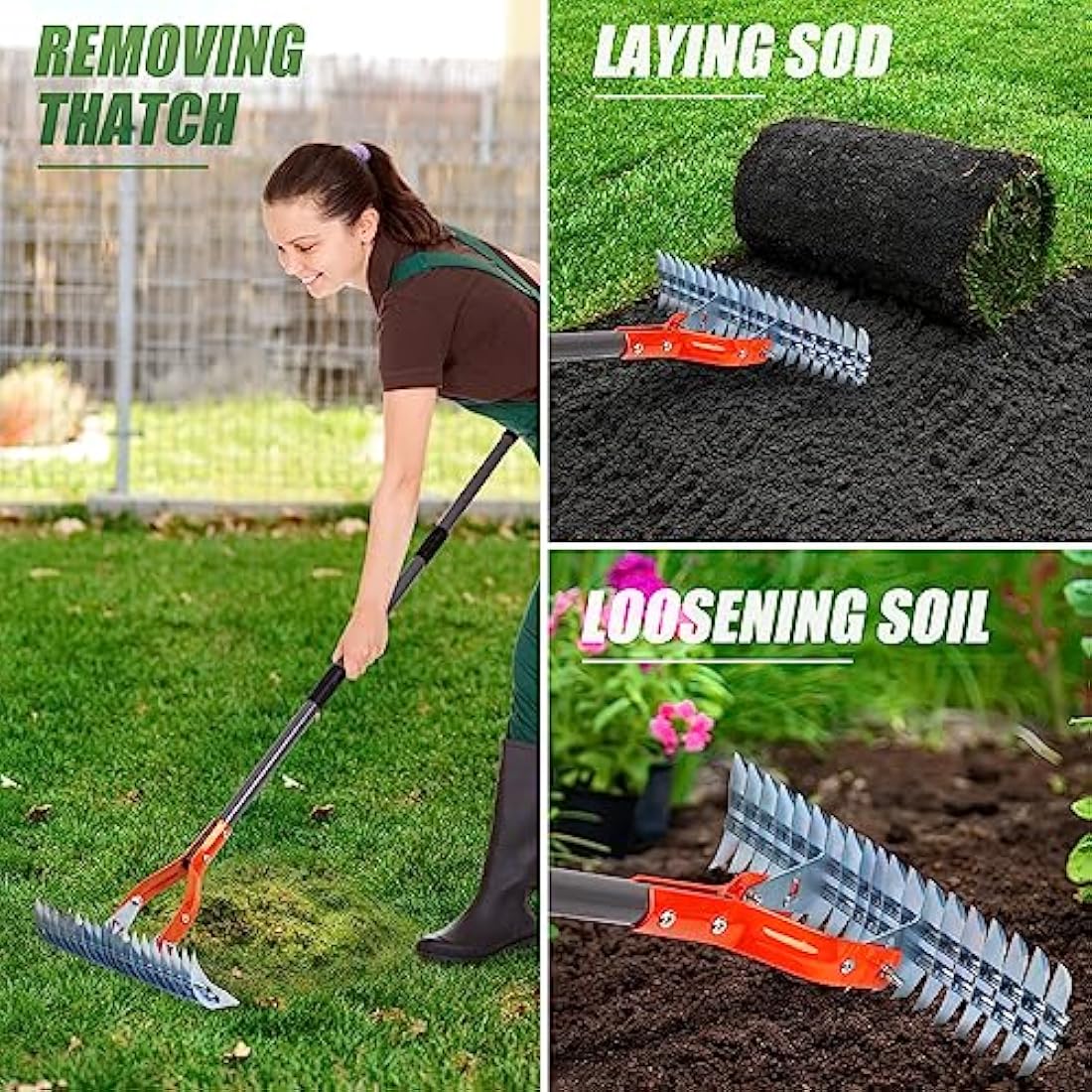 Walensee Thatch Rake | 15-Inch Steel Lawn Dethatcher with Adjustable Handle
