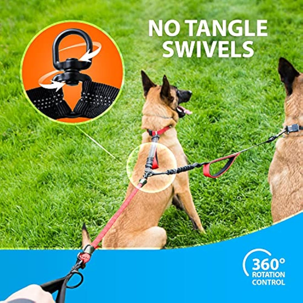 SparklyPets Double Dog Leash – Tangle-Free Bungee Dual Lead, Red