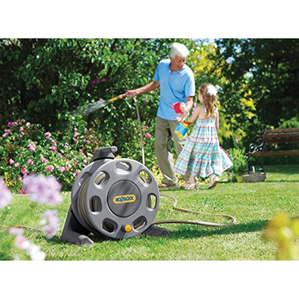 Hozelock Compact 30m Garden Hose Reel – Manual Rewind Storage Frame