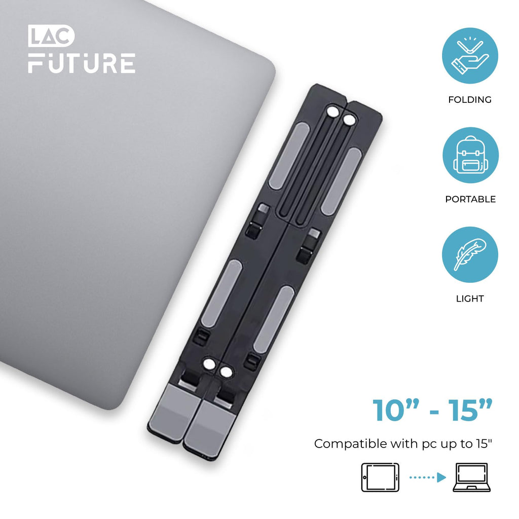 LAC FUTURE Laptop Stand for Desk, Black Aluminium – Adjustable Laptop Stand 7 Levels, Foldable & Portable, Holder Ventilated, Non-Slip
