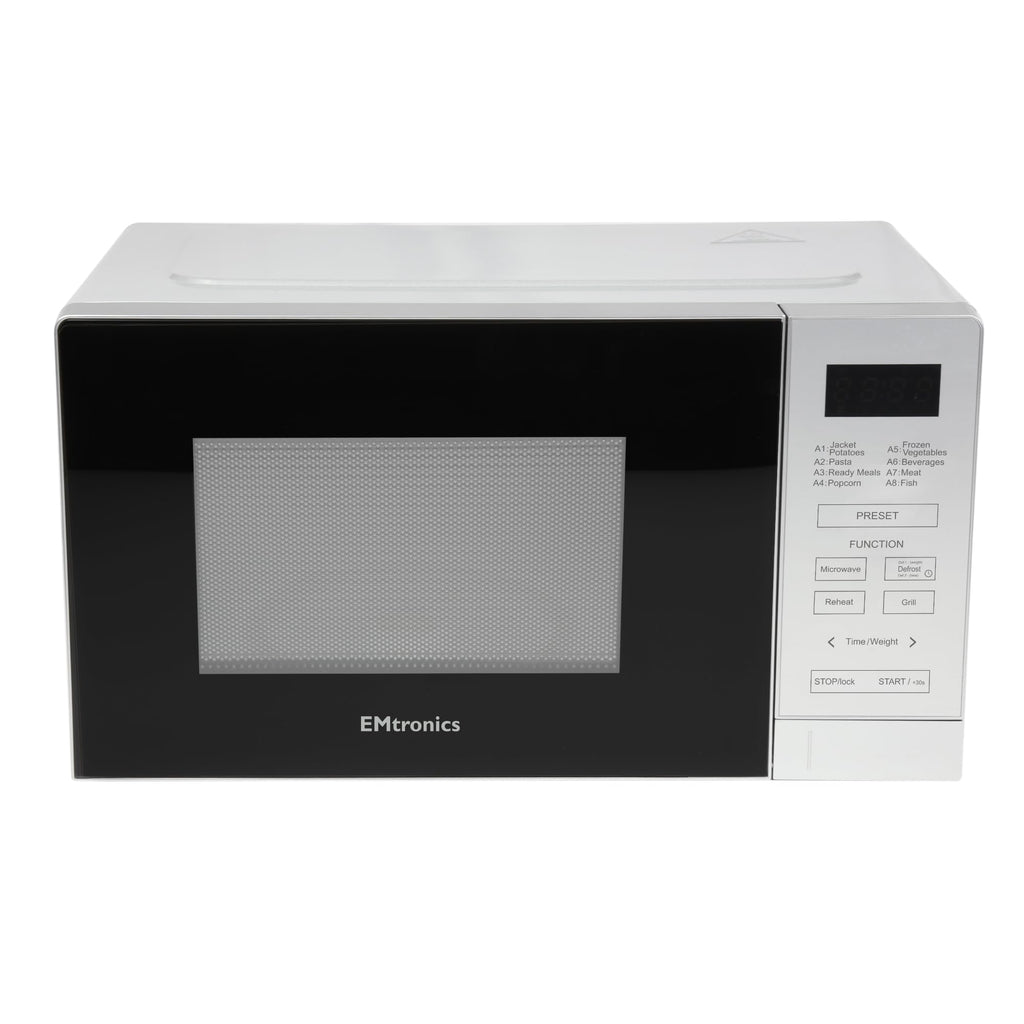 EMtronics 20L Digital Microwave with 800W Grill & 10 Power Levels – Silver