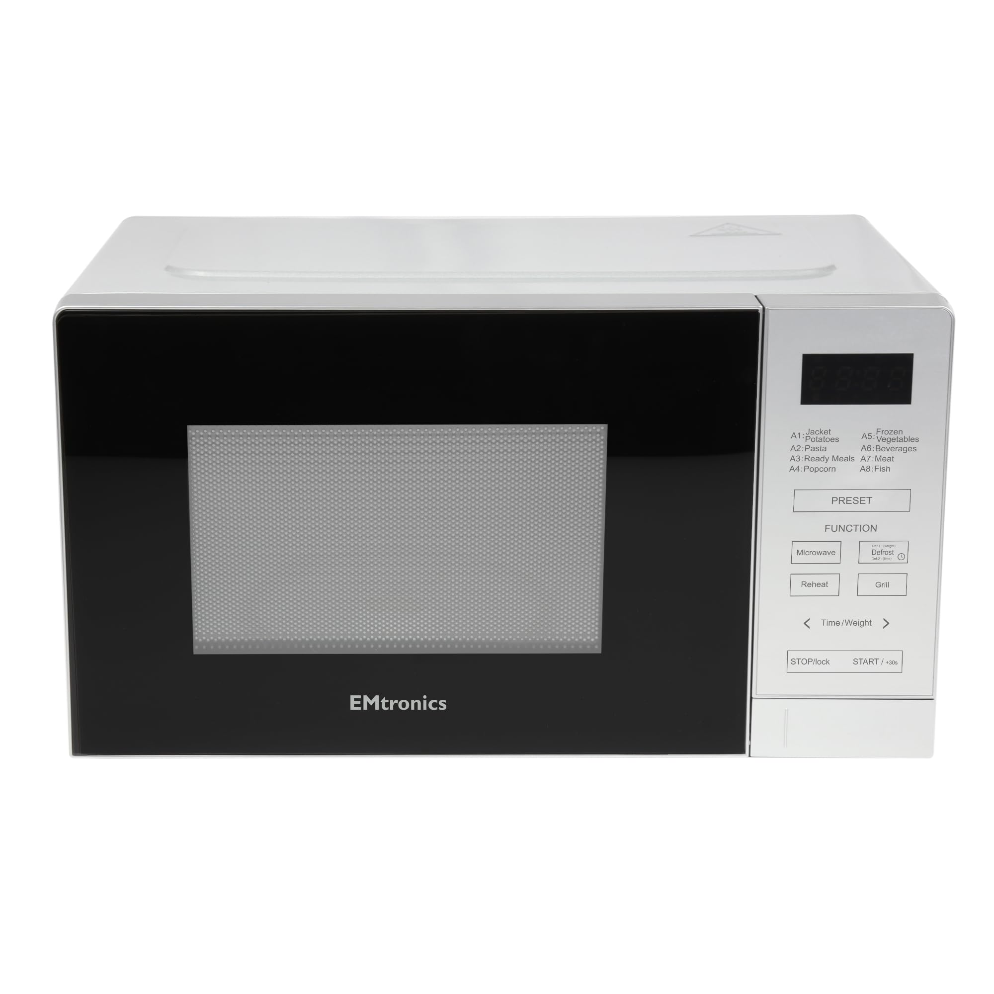 EMtronics 20L Digital Microwave with 800W Grill & 10 Power Levels – Silver